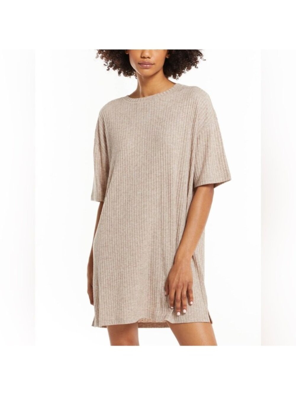 Z Supply Denny Mini Dress Medium Ribbed Crewneck Short Sleeves Taupe Tan Neutral